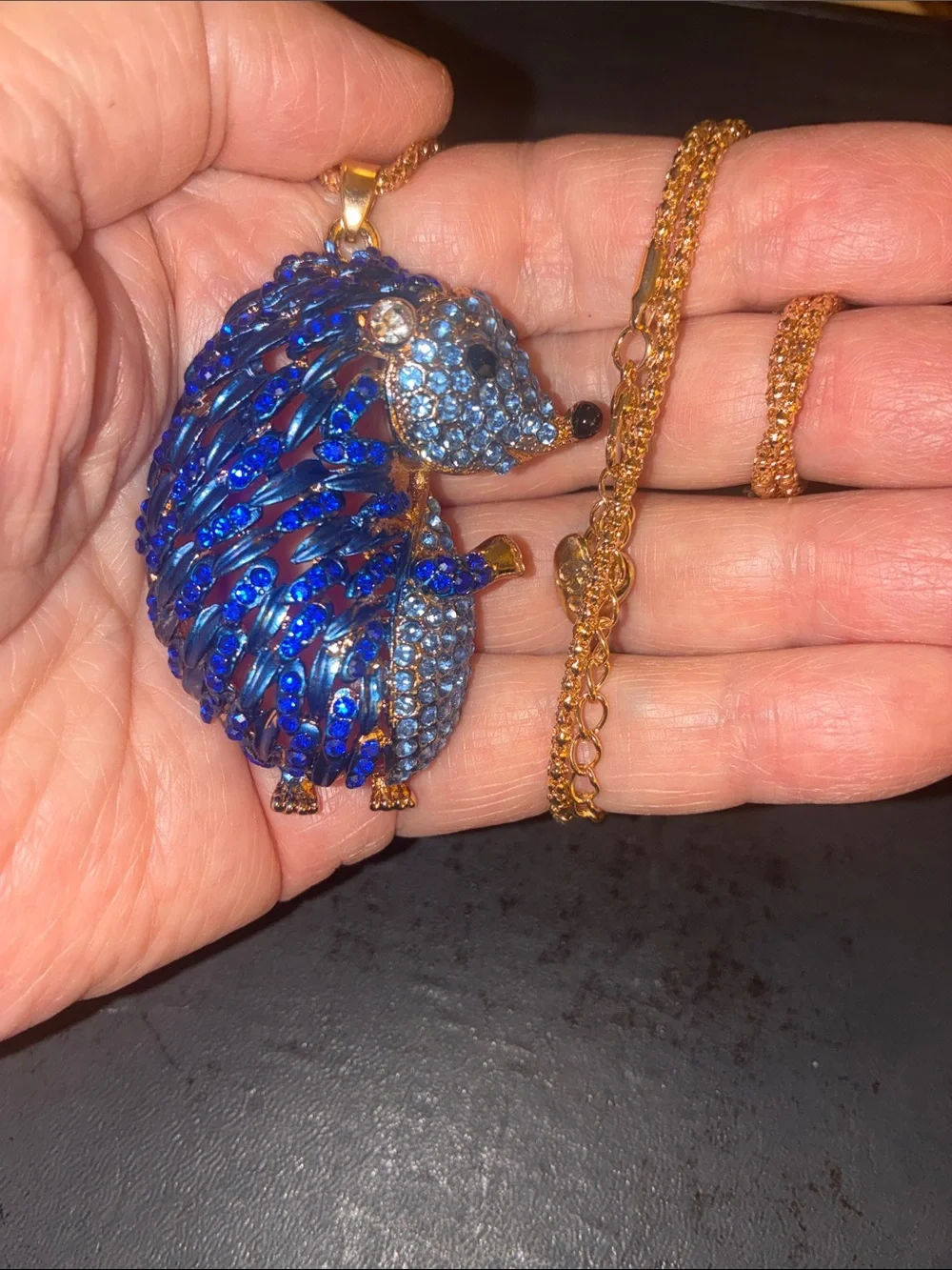 Blue Crystal Hedgehog Pendant Necklace - Gold Tone